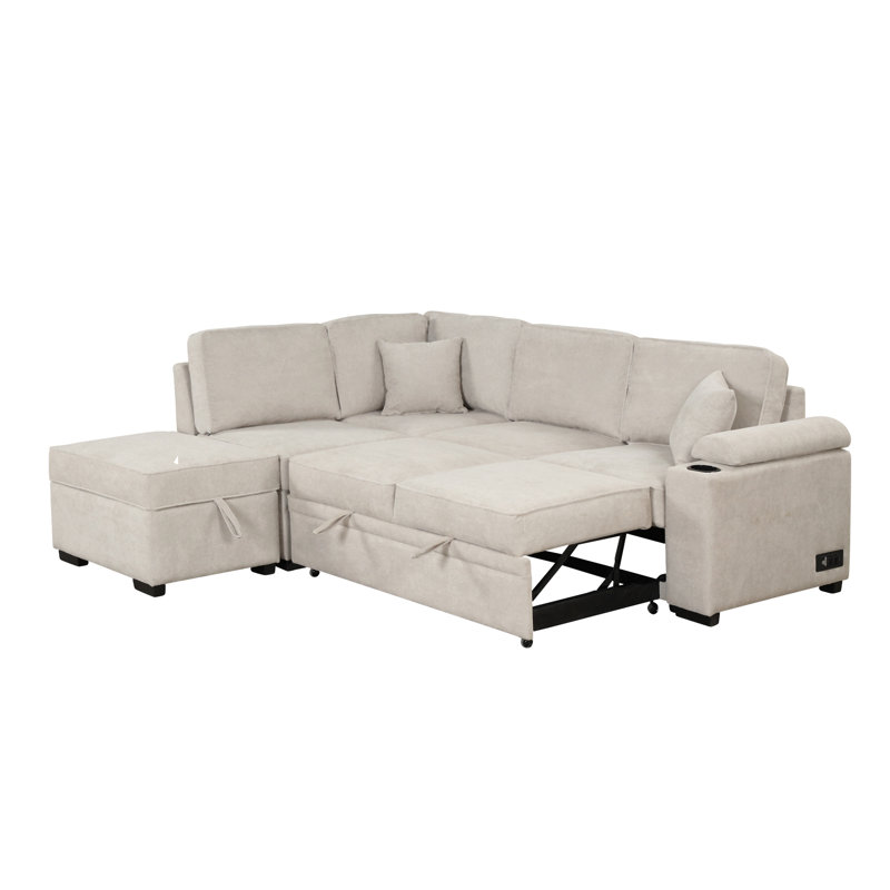 84.75" Sleeper Sofa With Storage Ottoman For Living Room, Beige Linen, Left Hand Facing