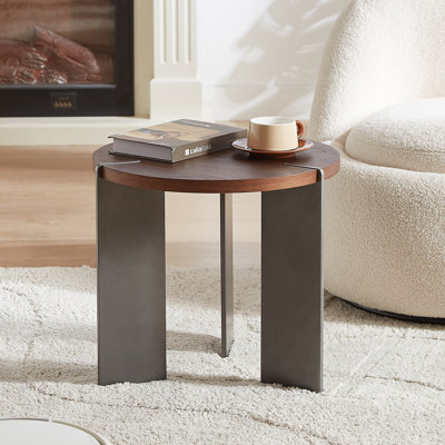 Small Round Coffee Table, Mid Century Modern Side Table For Small Spaces, Living Room Tea Table With Metal Legs, Walnut Wood Top And Non-slip Feet Pads, Brown