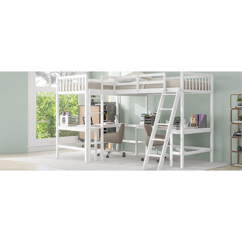 Lit mezzanine simple en L avec 2 bureaux encastrés, lit simple de couleur blanche et bois