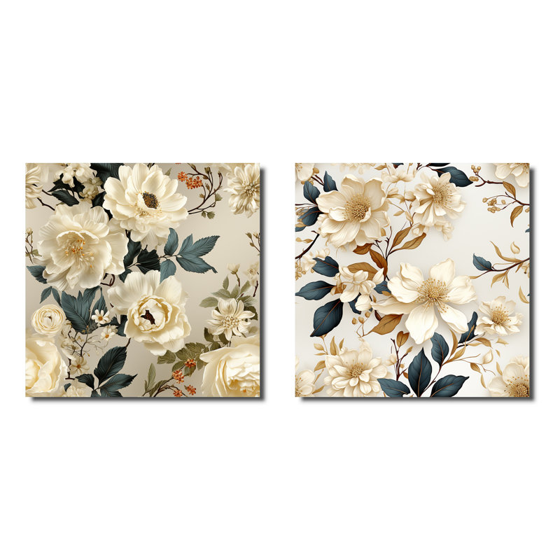 Anjou délicat d'inspiration botanique - ensemble de collage carré floral de 2, Toile tendue, H 16 po x l 33 po