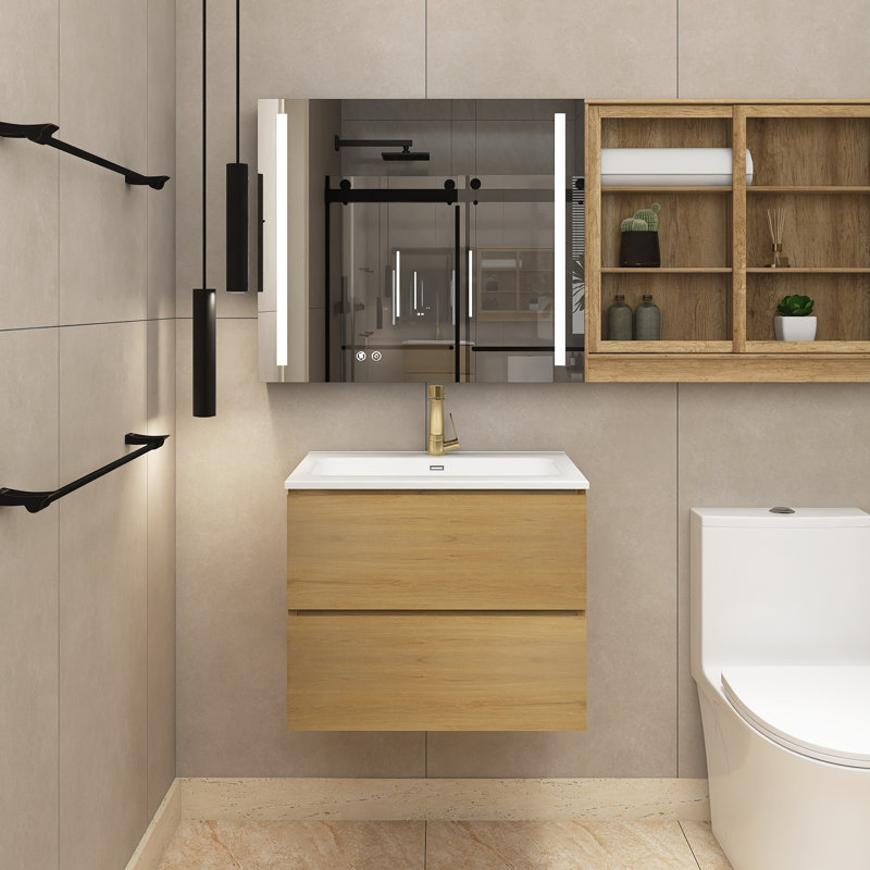 Meuble-lavabo simple 24 po avec plateau en céramique Ashira, Naturel