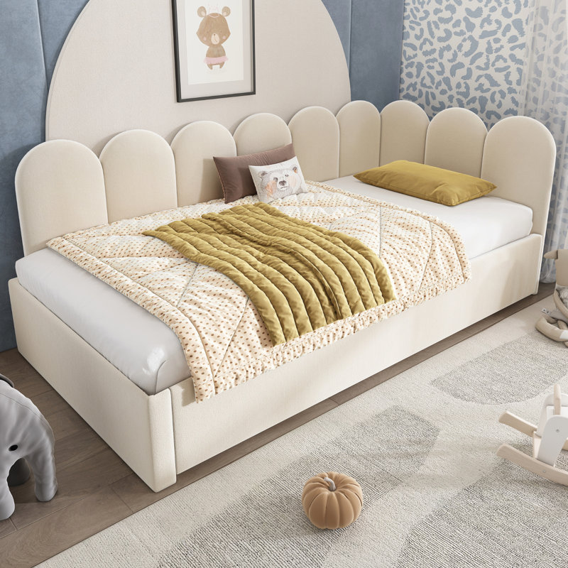 Lit de jour simple rembourré avec couchette coulissante et lattes en métal pour adultes et enfants, Beige