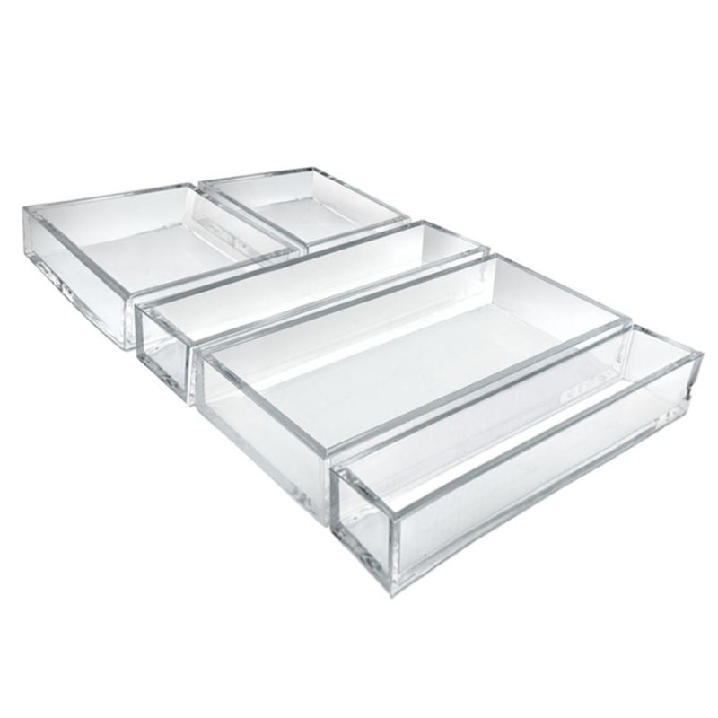 Large Deluxe Clear Acrylic Rectangle Tray Organizer for Desk or Counter, 4 Pack