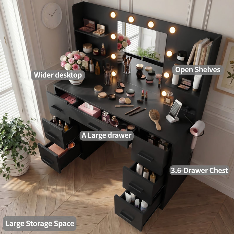 Makeup Vanity With Led Lighted Mirror And Built-In Power Supply, Black