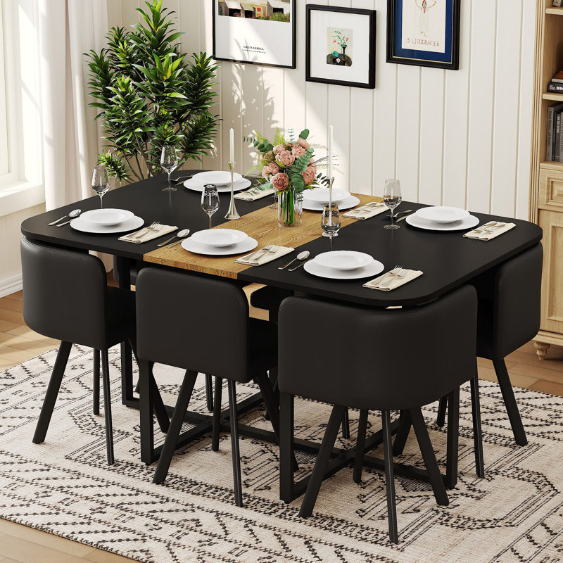 Ensemble de table de salle à manger 7 pièces avec 6 chaises en polyuréthane, table de cuisine rectangulaire à deux tons et grain de bois (planche de triamine), ensemble de mobilier de salle à manger moderne