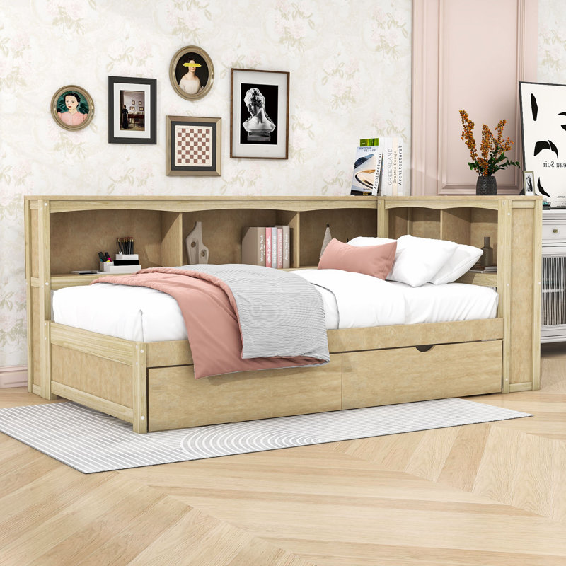 Lit de jour simple avec 2 tiroirs et armoires et USB, Bois