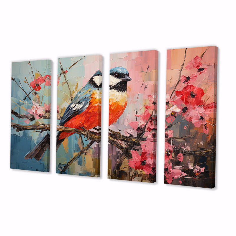 «Blue Bird Floral Tree Harmony - Bird», art mural 4 pièces, H 28 po x l 48 po