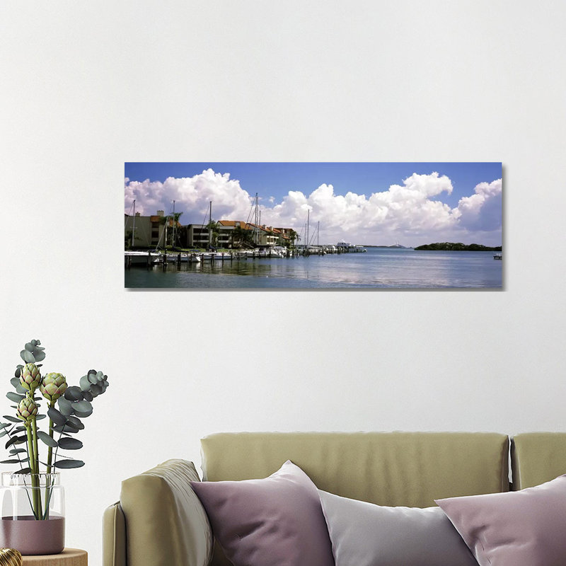 Boats Docked In A Bay, Cabbage Key, Sunshine Skyway Bridge In Distance, Tampa Bay, Florida, USA - Wrapped Canvas Panoramic Print
