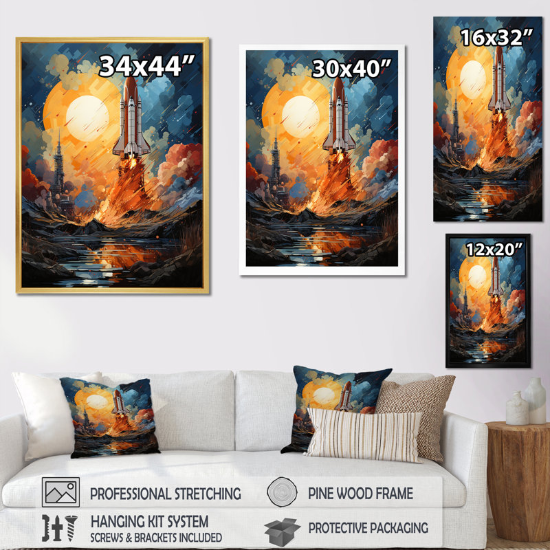 Expressionniste, Navette Spatiale Burst III, impression d'art sur toile Rocketship, H 20 po x l 12 po, Cadre doré simple