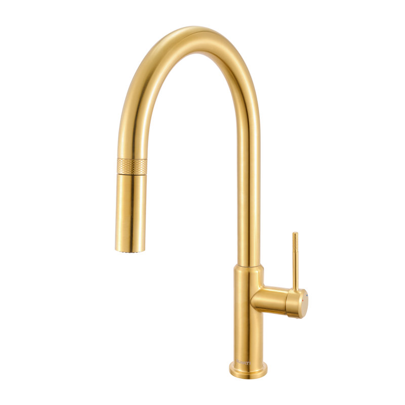 Ruvati Vestia Single Handle Pull Down Kitchen Faucet Knurled Modern Arc with Sprayer in Brushed Gold, Brushed