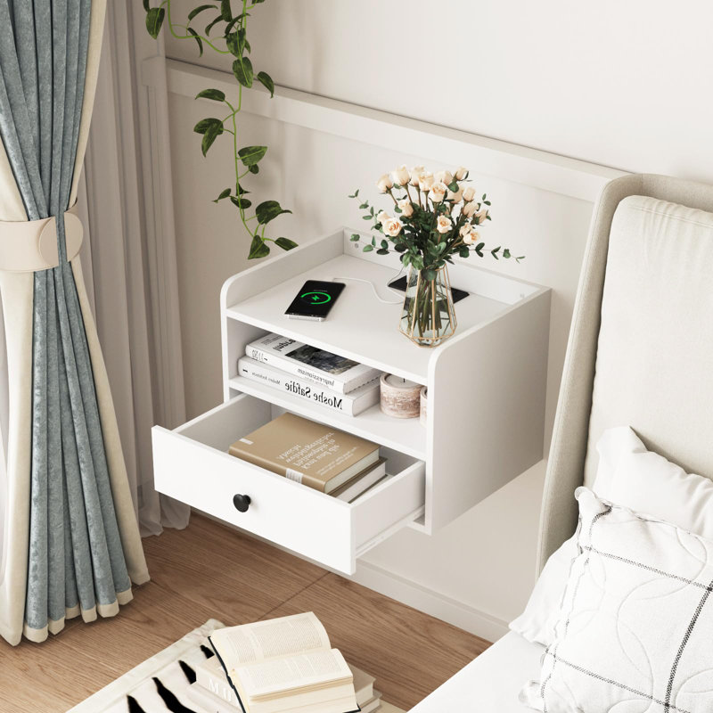 White Wood Floating Nightstand Set with Drawer and Shelf