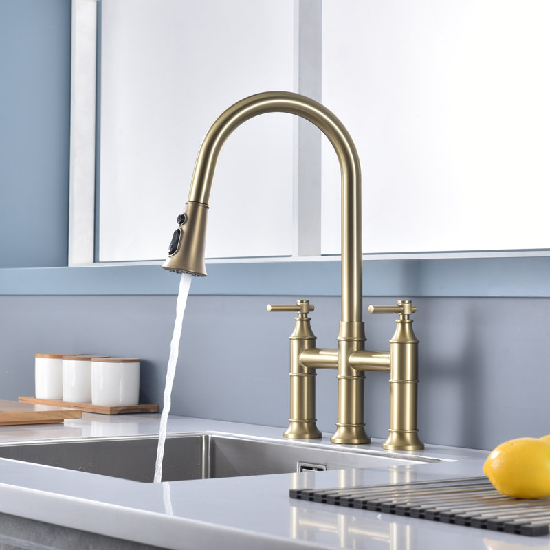 Sumerain Kitchen Sink Faucet, 2 Handle Deck Mount Bridge Pull-out Kitchen Faucet, SWF6119PQ-XX, Brushed Gold