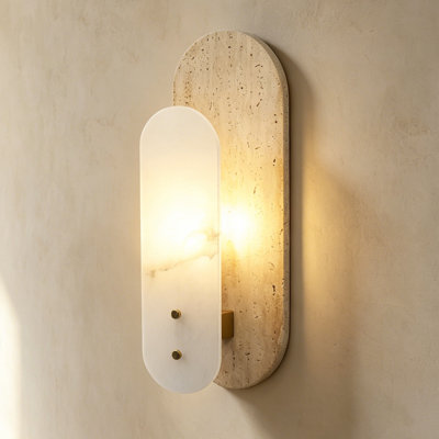 Modern 1-Light 14.57in Travertine and Alabaster LED Flush Mount Wall Sconce with Brass Accent