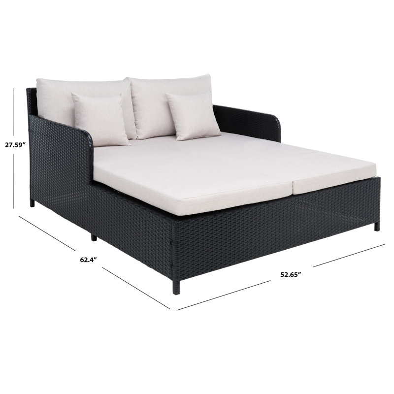 Lit de jour en rotin avec matelas Cadeo, Structure noir / coussin gris clair