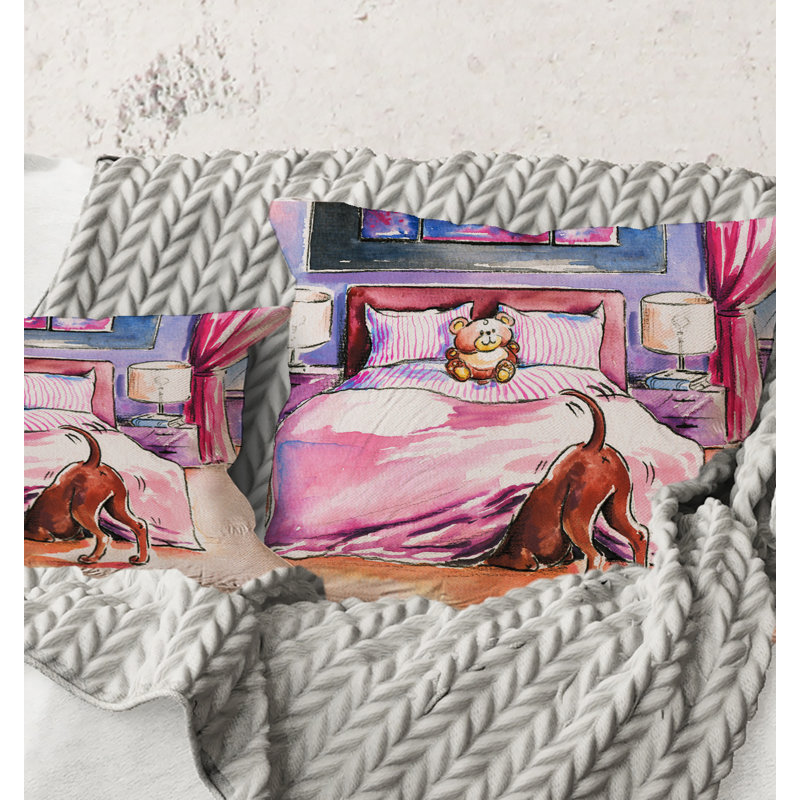 Rectangle, chien brun regardant sous le lit - Coussin Farmhouse