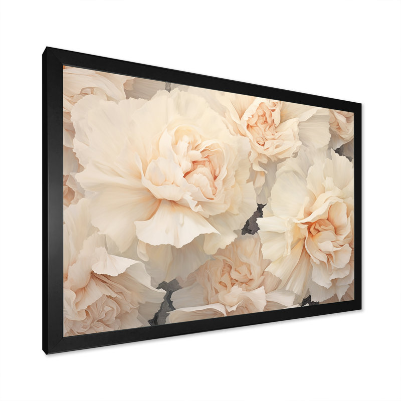 Arrangement d'œillets beige V sur toile, Cadre simple noir, H 16 po x l 32 po x P 1 po