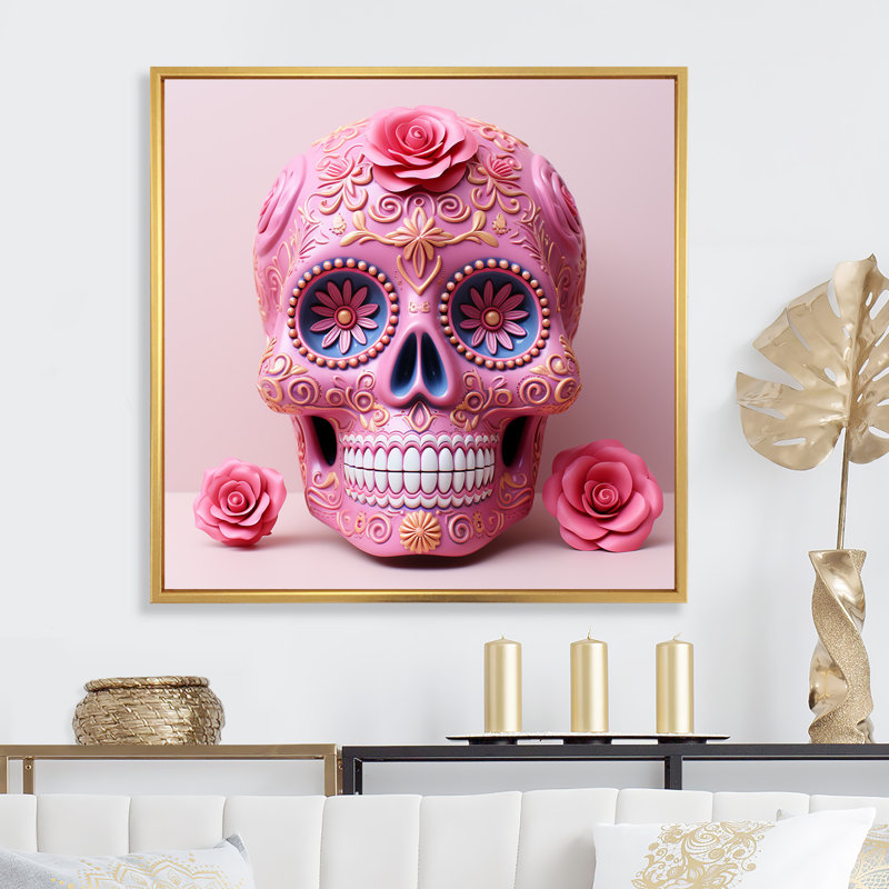 Tête d'art mexicain La Calavera, Cadre flottant doré, H 24 po x l 24 po x P 1 po