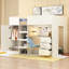 Lit mezzanine double en bois avec garde-robe intégrée, bureau, tablettes et tiroirs de rangement, beige-2042691586