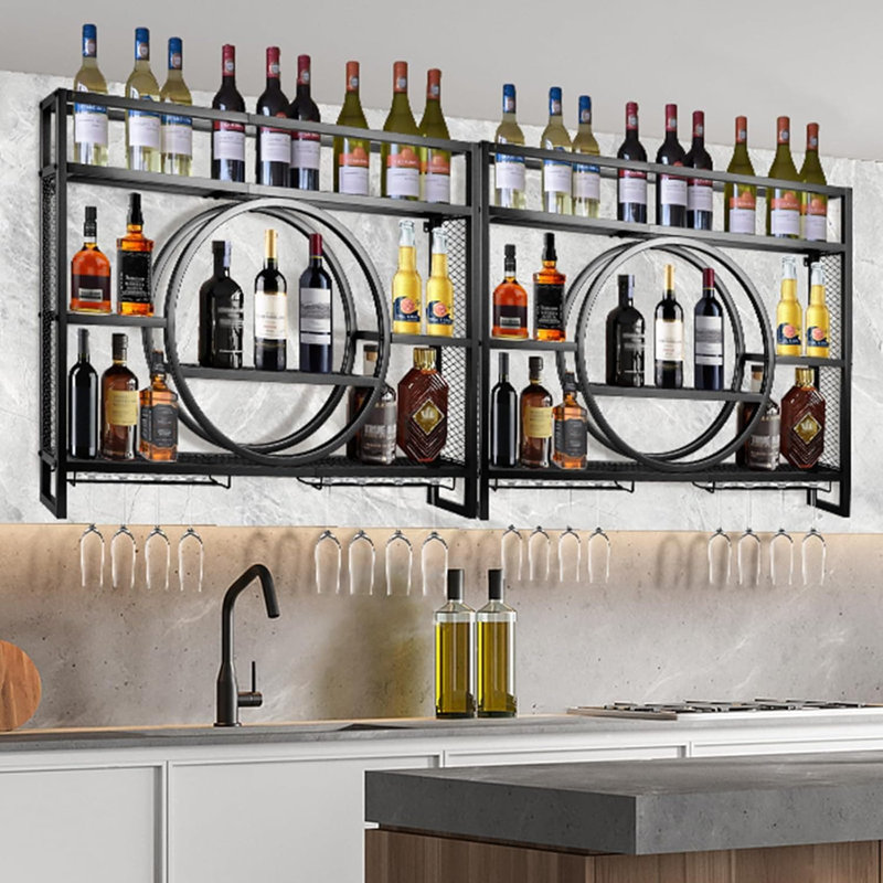 Étagère à vin murale à 3 niveaux avec support en verre, rangement flottant pour bouteilles de spiritueux dans la cuisine, salle à manger et bar