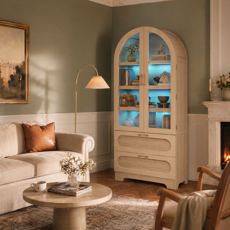 Armoire arquée de 71 po de hauteur avec portes en verre, garde-manger en bois avec 4 tablettes et 2 tiroirs, avec éclairage DEL