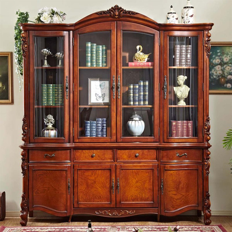 American-Style Vintage Carved Rubberwood Four-Door Storage Bookcase