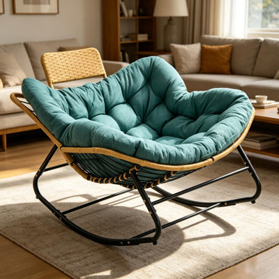 Fauteuil à bascule surdimensionné d'extérieur avec coussin épais et structure en rotin renforcé, chaise berçante surdimensionnée Papasan