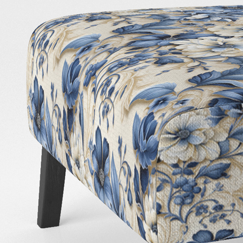 Victorian Blue And White Flowers Damask - Upholstered Traditional Slipper Chair, Blue Accent Chair