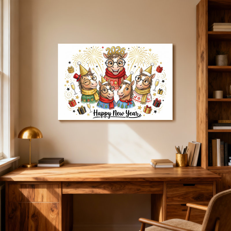 Animaux, bonne année, cheval, fête de famille, H 16 po x l 24 po