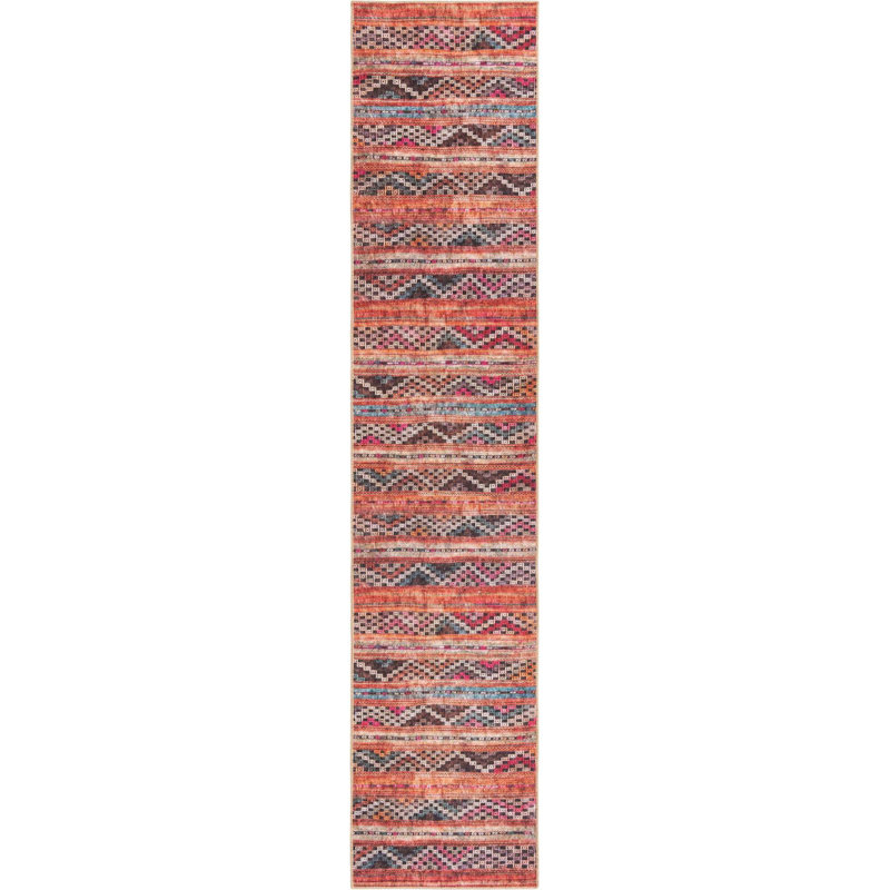 Tapis rouge à motif géométrique, Tapis de couloir 2 pi 6 po x 12 pi