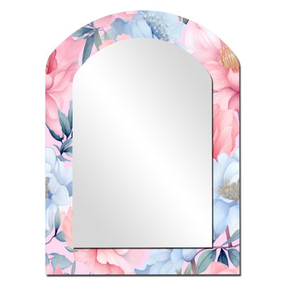 Pétunia rose et bleu sur fond blanc I - Miroir décoratif à arche florale sur métal