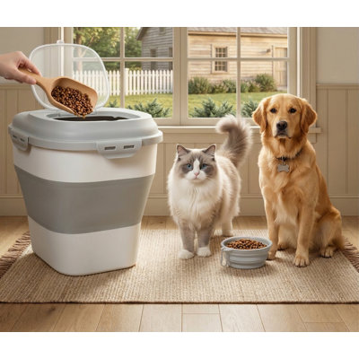 Ensemble de contenants pliables pour nourriture pour chien, 30 à 35 lb, couvercles hermétiques, roues, pelle, plus 2 petits contenants, pour chien et chat