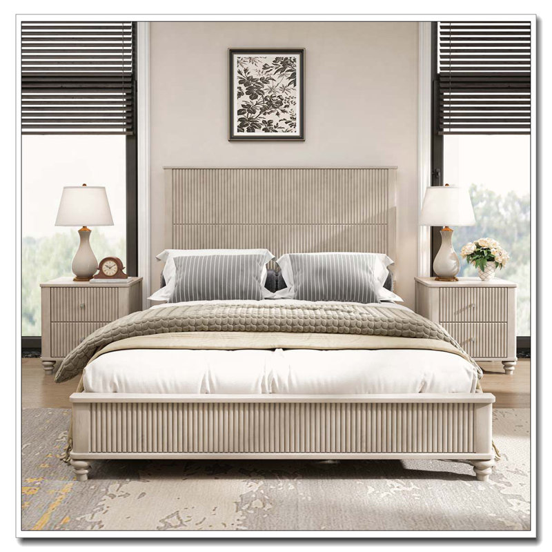 Ensemble de chambre à coucher avec lit et deux tables de chevet, Beige, Grand