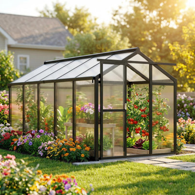 Walk-in Greenhouse Kit with Aluminum Frame, Polycarbonate Panels, Adjustable Roof Vent, Sliding Door & Secure Lock for Outside Garden or Backyard, 6x10 FT