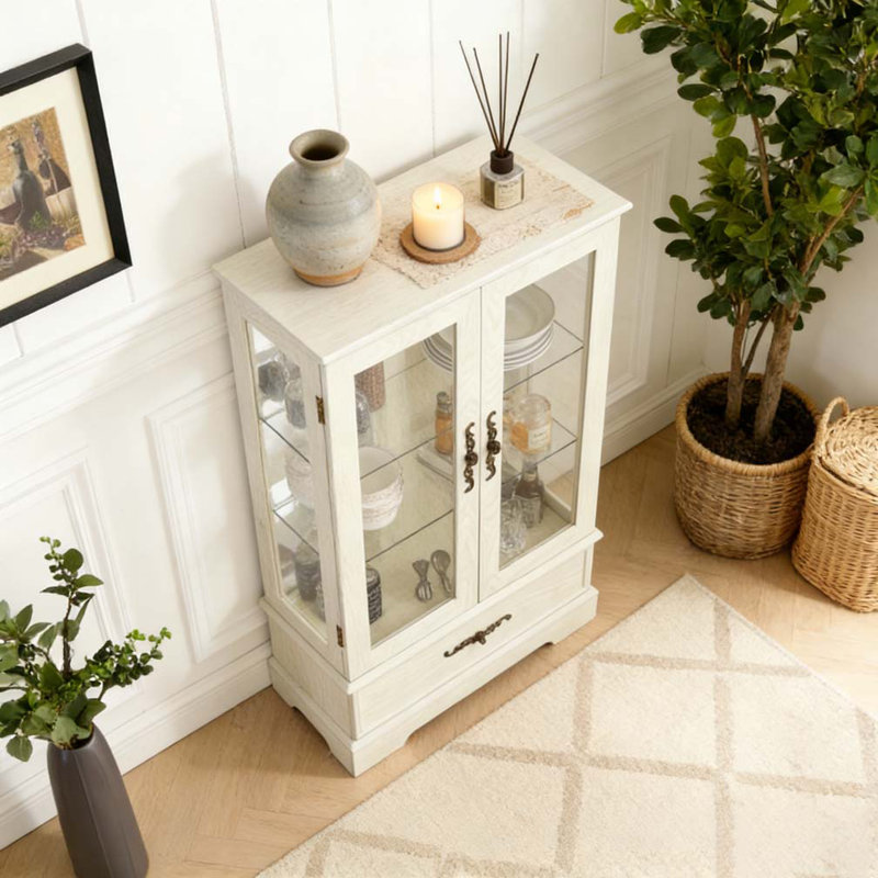 Vitrine lumineuse en verre avec tablettes réglables, Blanc