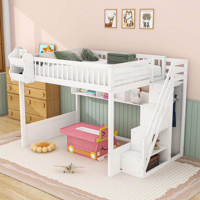 Wood Loft Bed with Storage Shelves and Under-Bed Space, White