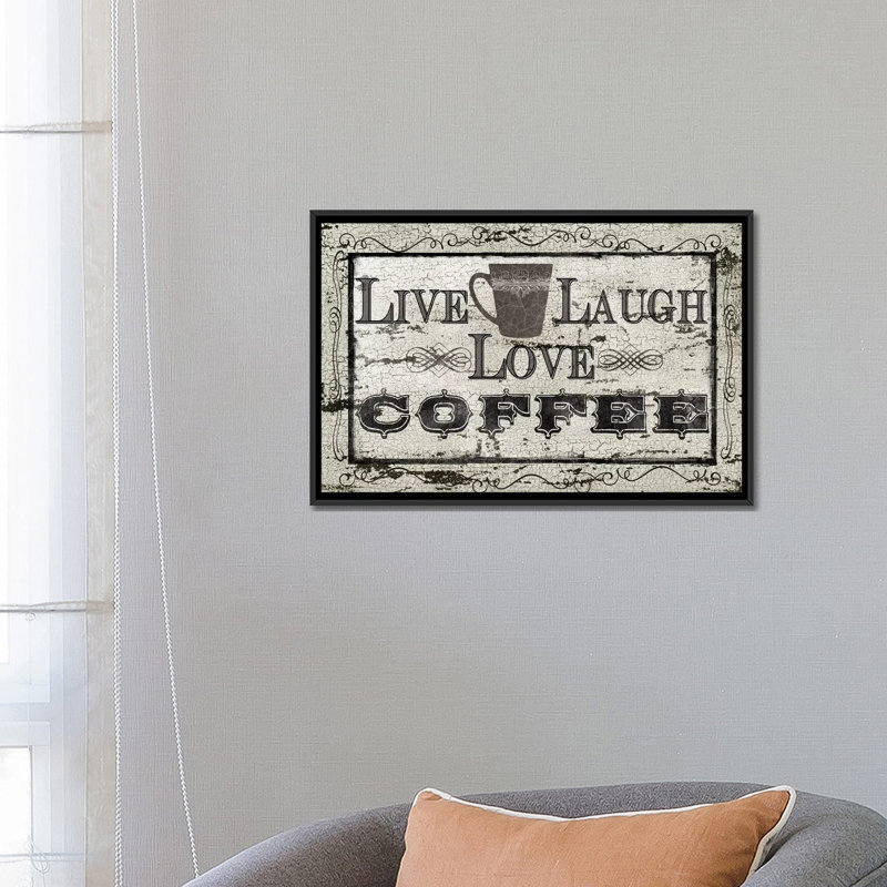 «Live, Laugh, Love, Coffee», art textuel sur toile, H 18 po x l 26 po x P 1,5 po, Toile avec cadre noir, Pas de tapis