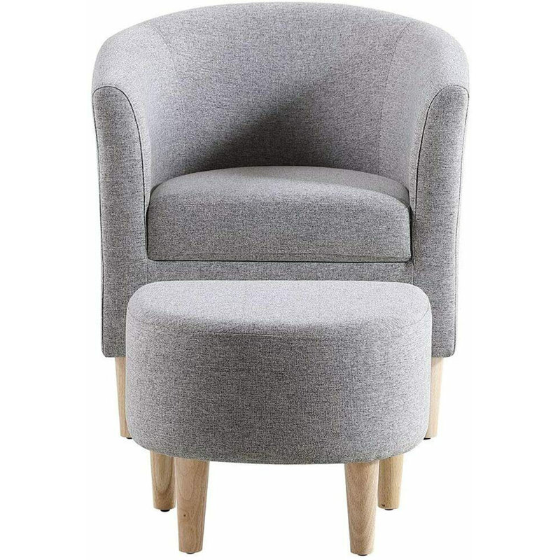 Upholstered 27" Wide Barrel Chair with Ottoman, Gray Linen Blend