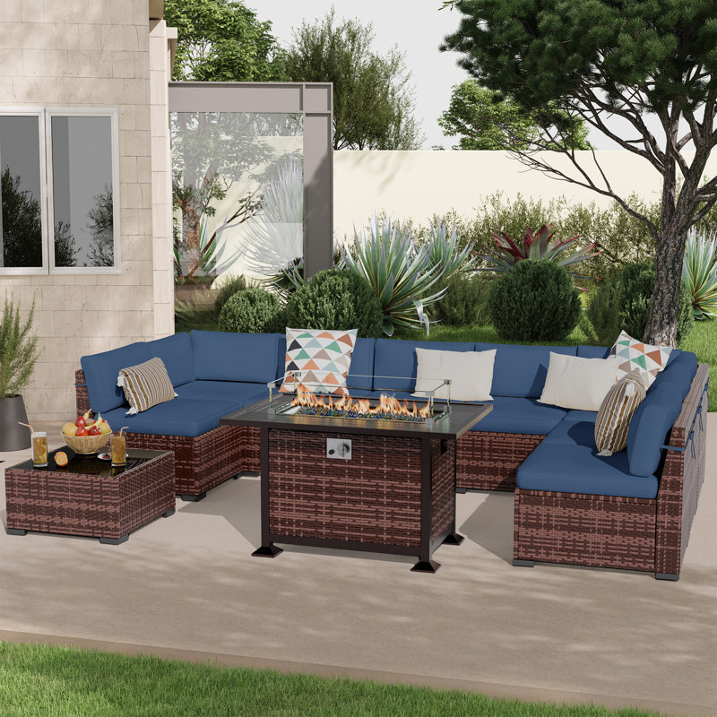 Avamay Rattan Sectional Seating Group with Cushions, Navy Blue Performance Microfiber, Yes