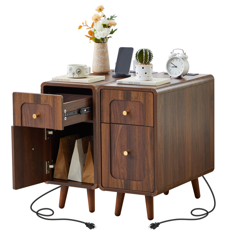 Narrow End Table With Charging Station, Brown