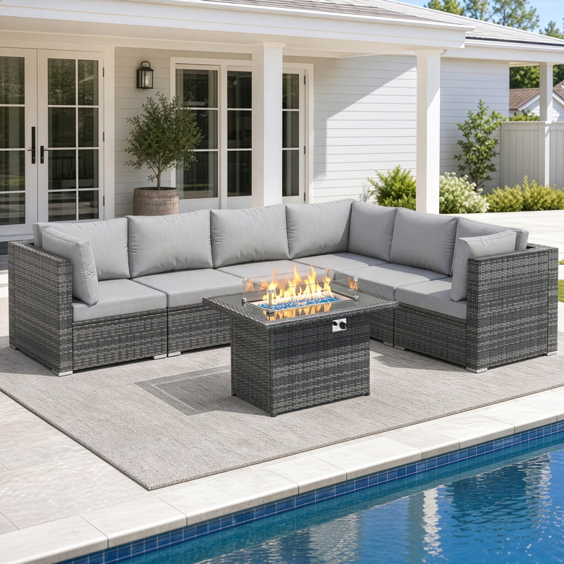 6-piece Modern Patio Sectional Sofa Set With Fire Pit Table, Wicker Conversation Set For Backyard & Garden, Gray/Light Gray