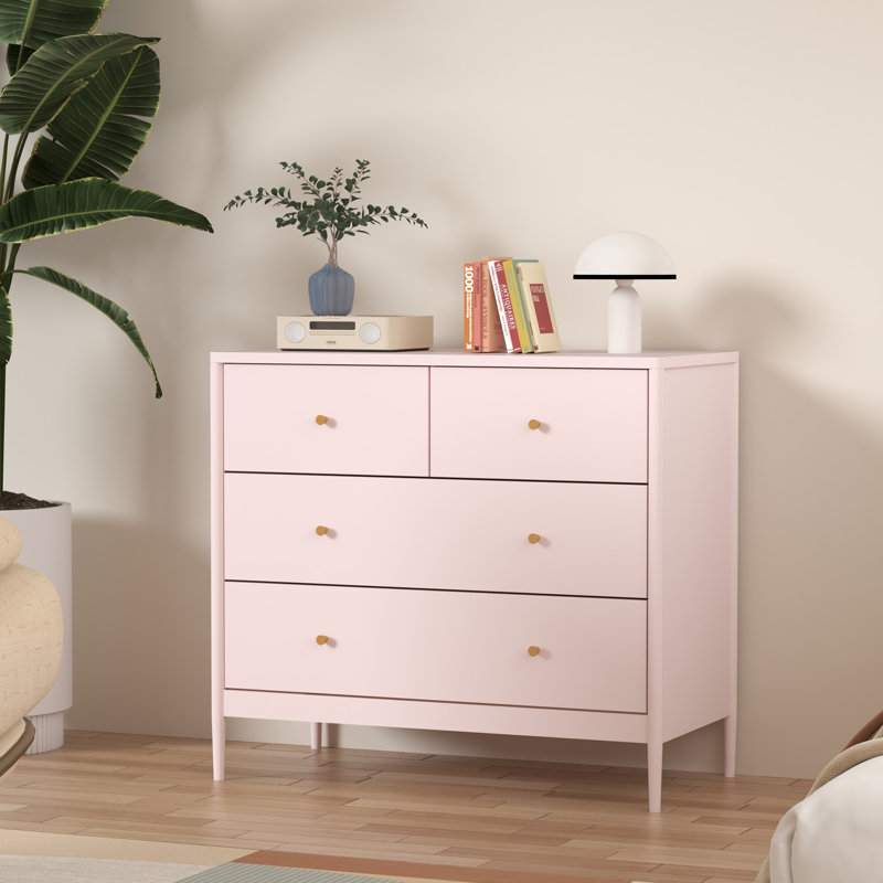 Commode 4 tiroirs rose, armoire de rangement en bois pour chambre d'enfant