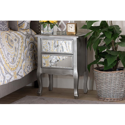 Caden Juliet Transitional French Brushed Silver Finished Wood And Mirrored Glass 2-Drawer Nightstand