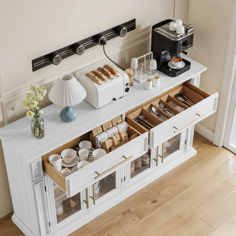  Buffet de 60 po de large avec prise et DEL, armoires de rangement à 4 portes avec tablettes réglables, blanc et brun, Blanc