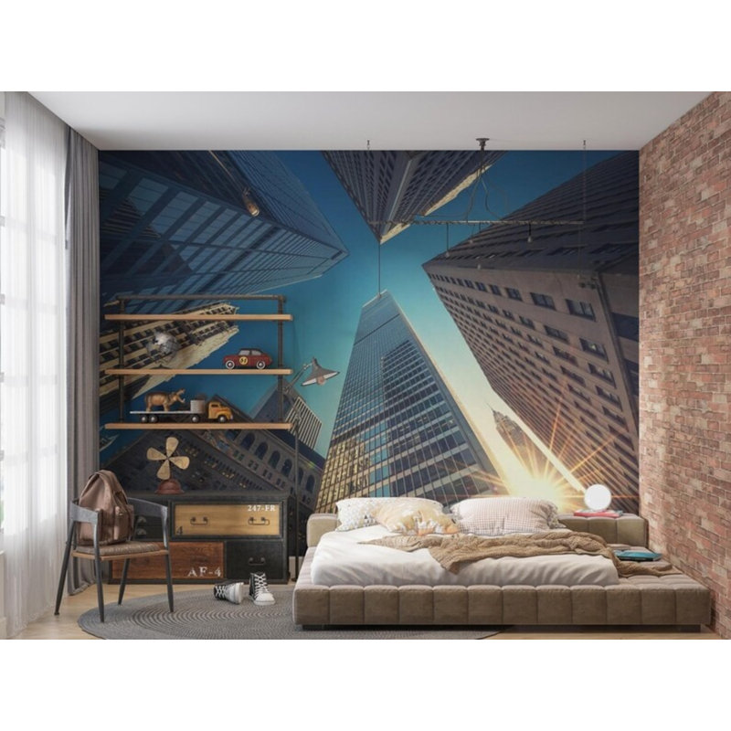 Blue Modern City Skyscraper Wall Mural, 108" L x 192" W
