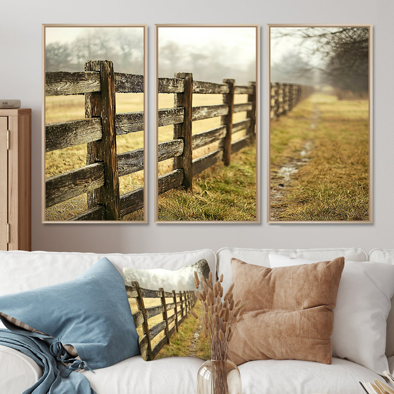 «Brown and Green Farm Landscape Rustic Fence», ensemble d'art mural de ferme, Toile naturelle avec cadre flottant