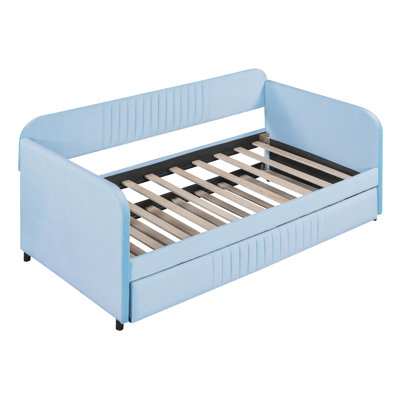 Upholstered Daybed Sofa Bed Twin Size With Trundle Bed and Wood Slat, Light Blue -  Everly Quinn, C642690EA6AC4978B734E4362FF700BB