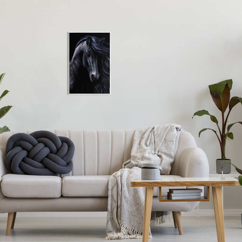 Az-063 - Portrait d'étalon noir encadré, H 19 po x l 13 po x P 0,5 po