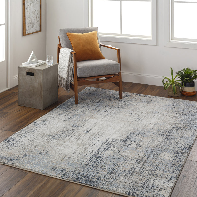 Tapis bleu rectangulaire rectangulaire en polyester tissé à la machine Quanna, Rectangle 5 pi 3 po x 7 pi 3 po