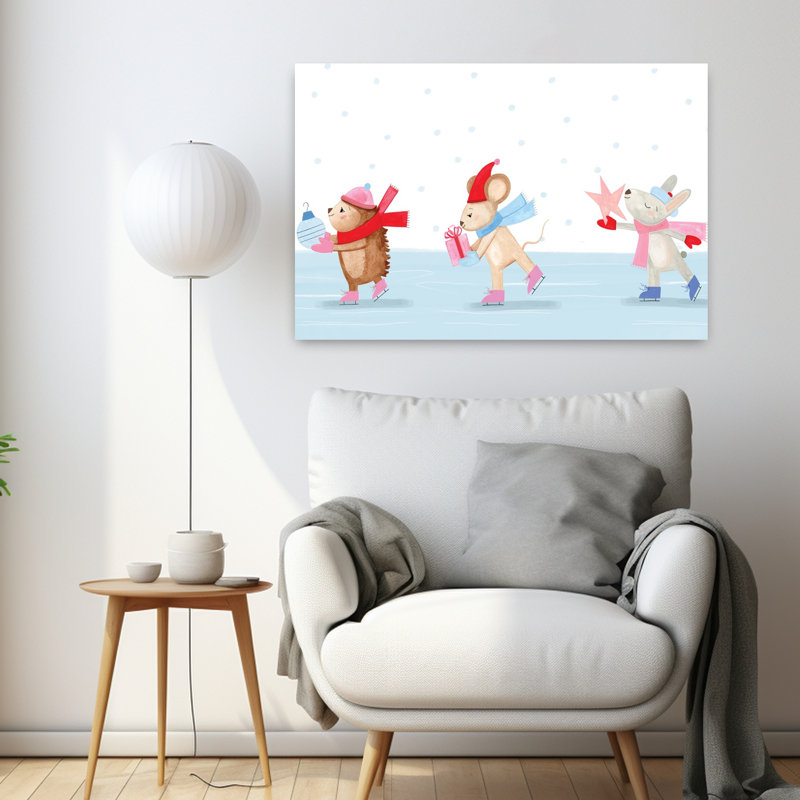 Whimsy Ice Skating Critters Contemporary Art, 24" H x 36" W