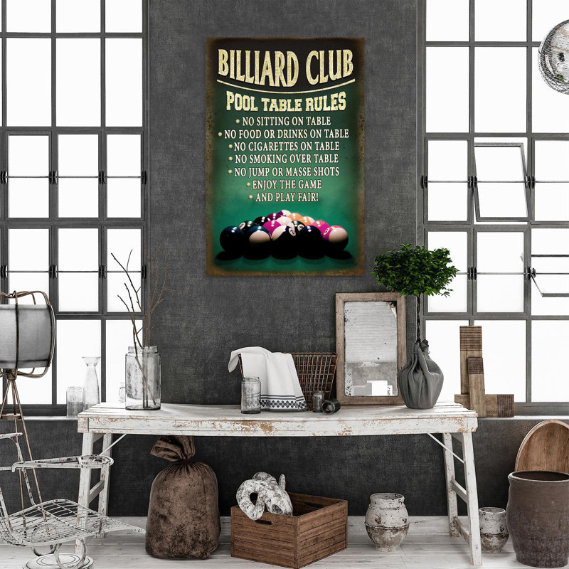 Billiard Club Balls - Pool Table Rules, No Sitting On Table - 1 Piece Rectangle Graphic Art Print On Wrapped Canvas
